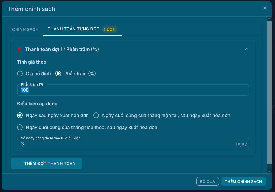 Thiết lập công nợ, chính sách thanh toán